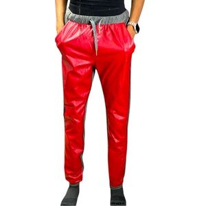 Red Faux-Leather Jogger Pants - Casual Drawstring Waist